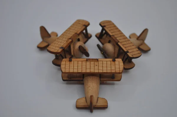 Close Creative Shots Small Wooden Plane Models Handcrafted Wood 3Cm — Stock Photo, Image