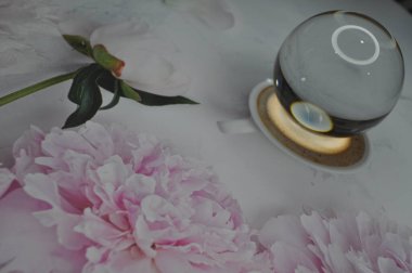 Parlak ışıklandırma ve lüks arka planı olan kristal cam küre.