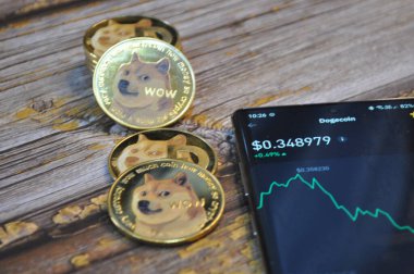 Kuching, Sarawak Malezya - 21 Mayıs 2021: Dogecoin sembollü altın renkli paraların Macro görünümü