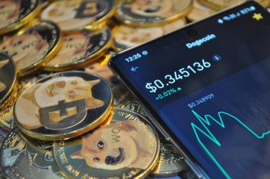 Kuching, Sarawak Malezya - 21 Mayıs 2021: Dogecoin sembollü altın renkli paraların Macro görünümü