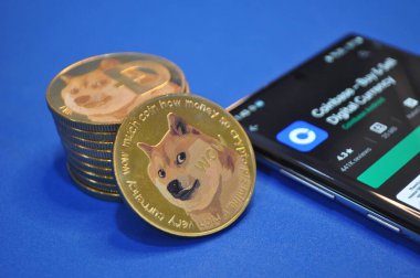 Kuching, Sarawak Malezya - 21 Mayıs 2021: Dogecoin sembollü altın renkli paraların Macro görünümü