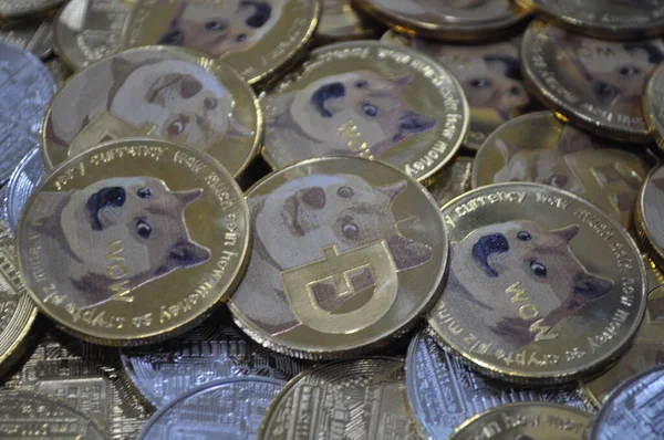 Kuching, Sarawak Malezya - 21 Mayıs 2021: Dogecoin sembollü altın renkli paraların Macro görünümü