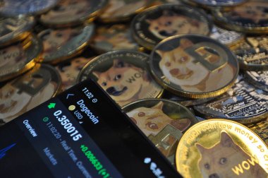 Kuching, Sarawak Malezya - 21 Mayıs 2021: Dogecoin sembollü altın renkli paraların Macro görünümü