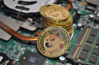 Kuching, Sarawak Malezya - 30 Mayıs 2021: Dogecoin sembollü altın renkli paraların Macro görünümü