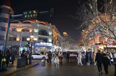 Harbin, Çin 29 Aralık 2025: Harbin sokakları kış boyunca