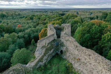 Leningrad Bölgesi 'nin güneybatısındaki Izhora Tepesi' nin kıyısındaki Koporye köyündeki Savunma Kalesi 'nin havadan görünüşü. Yüksek kayalık bir çıkıntı için bir platform