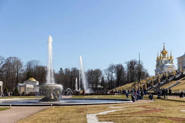 Grande fontaine italienne et bol en marbre dans le parc inférieur de Peterhof, Panorama des parterres devant le Grand Palais, journée ensoleillée, Printemps, Russie, Peterhof, 21.04.2021 — Photo