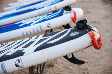 SUP surf accessories. Station for active recreation and water sports, inflatable boards. Russia, Saint Petersburg, 6.06.2021.