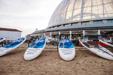 SUP surf accessories. Station for active recreation and water sports, inflatable boards. Russia, Saint Petersburg, 6.06.2021.