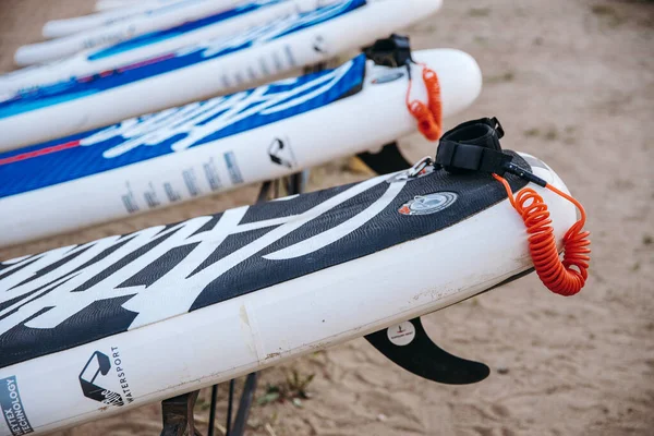 SUP surf accessories. Station for active recreation and water sports, inflatable boards. Russia, Saint Petersburg, 6.06.2021.