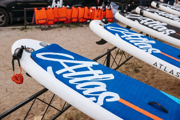 SUP surf accessories. Station for active recreation and water sports, inflatable boards. Russia, Saint Petersburg, 6.06.2021.