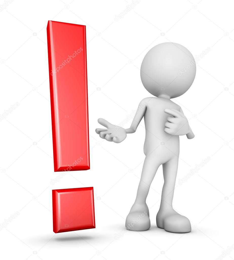 White 3d human pointing at a red exclamation mark symbol