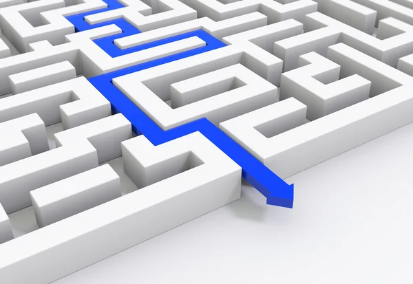 Blue arrow leads through a maze — Stock Photo, Image