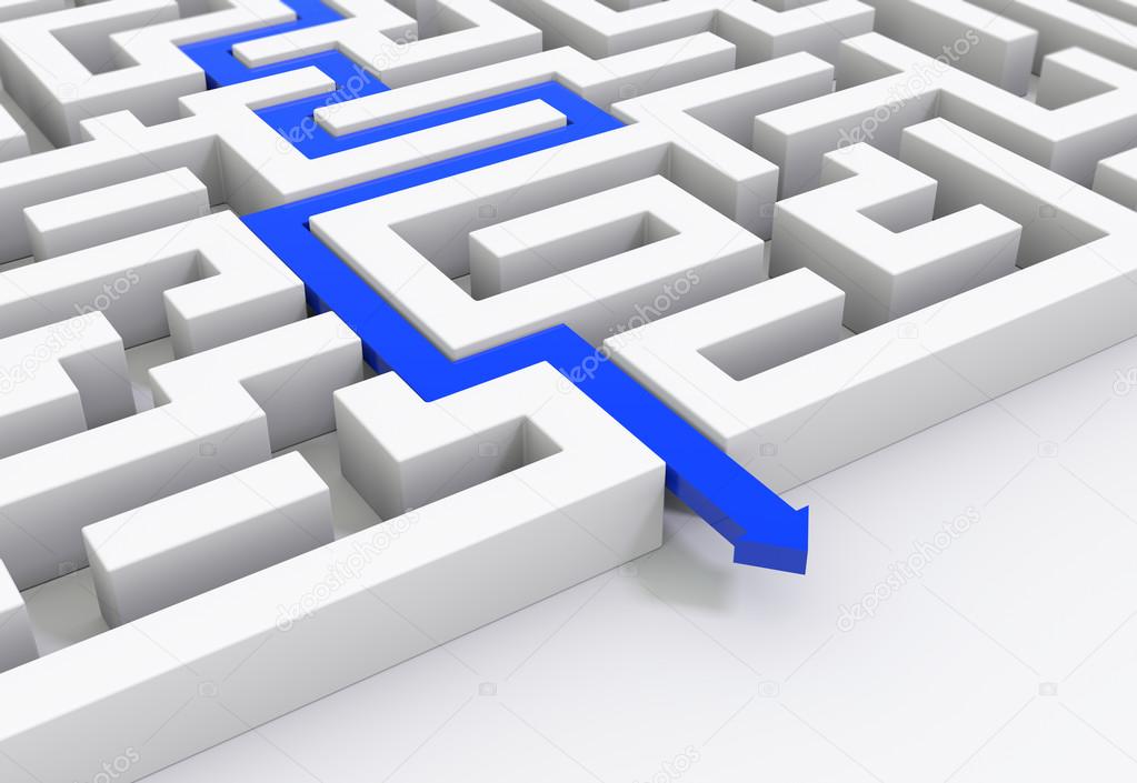 Blue arrow leads through a maze