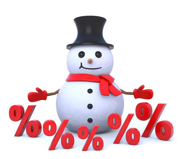 Piccolo pupazzo di neve 3d circondato da segni percentuali — Foto Stock