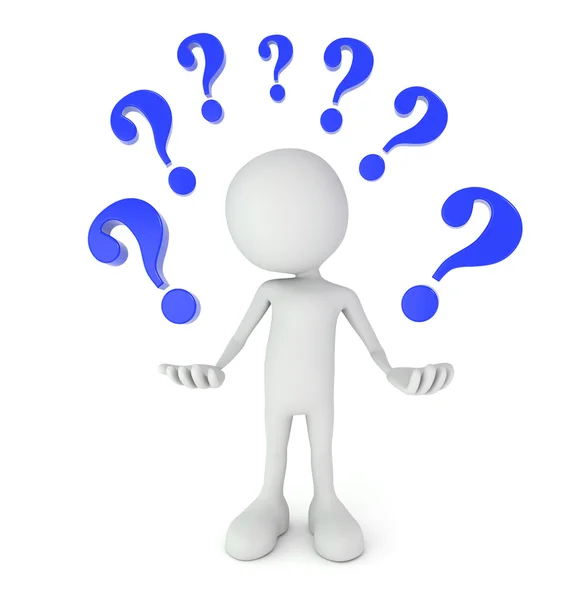 3d kişi soru işaretleriyle çevrelenmiş beyaz