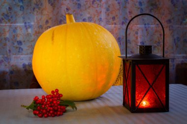 Fenerler, oyulmuş kabak sıcak ışığında Halloween balkabağı. Turuncu fener mum. 