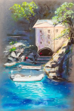 Karanlık bir arka plan üzerinde deniz manzarası. Parlak güneşli bir günde.