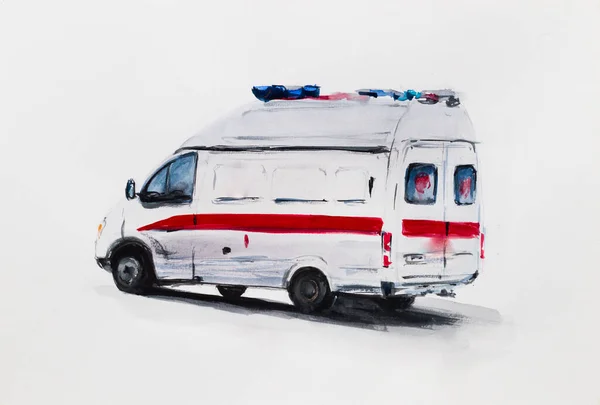 Ambulancia Blanca Ilustración Acuarela Imagen de archivo