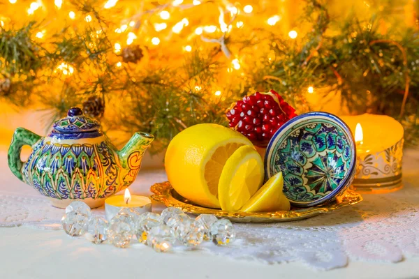 Christmas still life in oriental style with the national dishes of Tajikistan — Stock Photo, Image