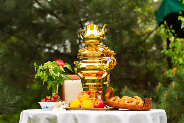Samovar ruso y té, fresas en el plato Gzhel, limones, flores, secado y rosquillas — Foto de Stock