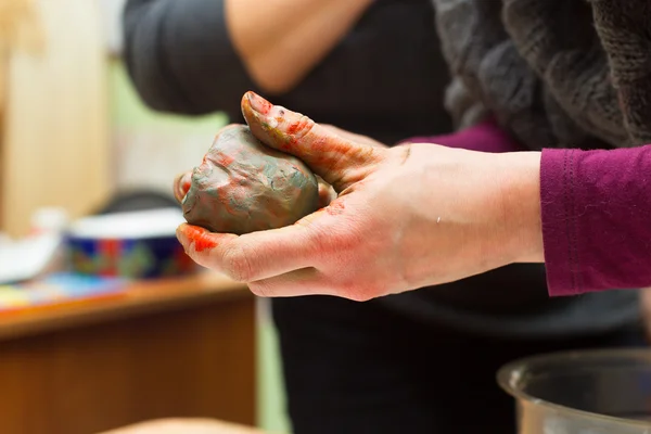Hands stained with clay and paint. Hands painter and sculptor. C — Stock Photo, Image