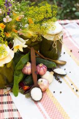 Bankalar ile Turşu sebze - salatalık, domates, kabak ve baharat