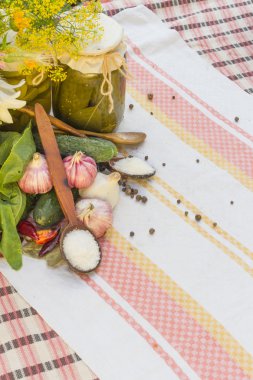 Bankalar ile Turşu sebze - salatalık, domates, kabak ve baharat