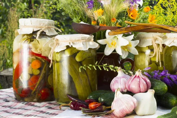 Los bancos con hortalizas marinadas - los pepinos, los tomates, el calabacín — Foto de Stock