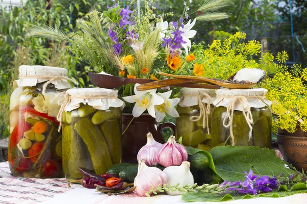 Los bancos con hortalizas marinadas - los pepinos, los tomates, el calabacín — Foto de Stock