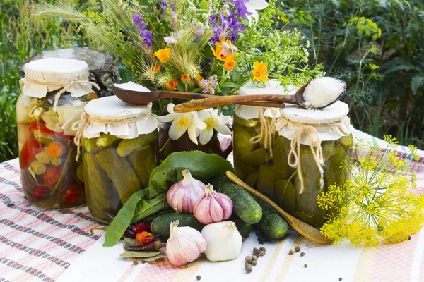 Banques de légumes marinés - concombres, tomates, courgettes — Photo