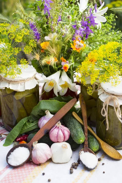 Bancos com legumes em conserva pepinos, tomates, abobrinha e especiarias — Fotografia de Stock