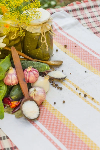 Bancos com legumes em conserva pepinos, tomates, abobrinha e especiarias — Fotografia de Stock