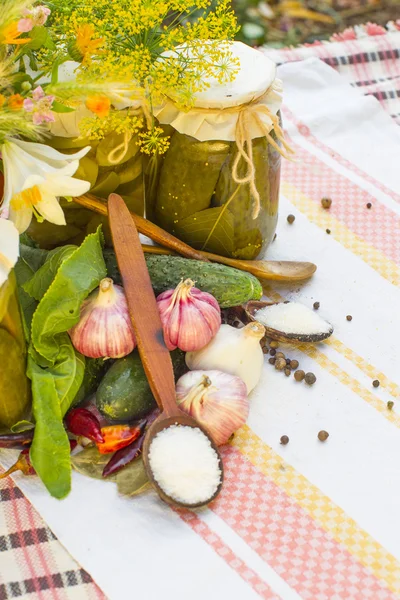 Bancos con verduras en escabeche: pepinos, tomates, calabacines y especias — Foto de Stock