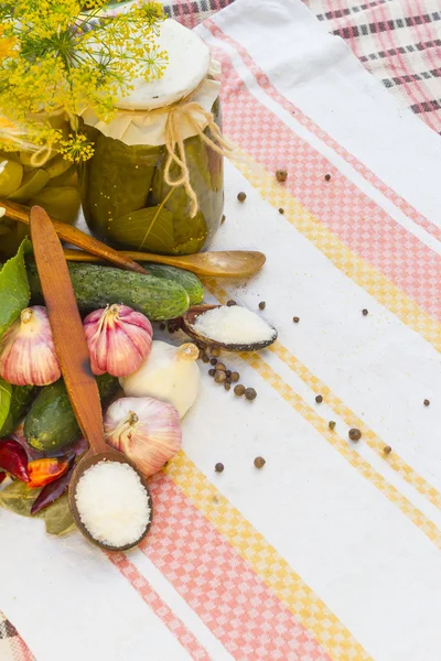 절인된 야채-오이, 토마토, 호박, 그리고 향신료와 은행 — 스톡 사진