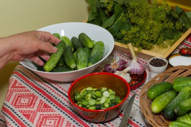 Salatalık turşu, turşu - eller yakın çekim, salatalık, otlar, 