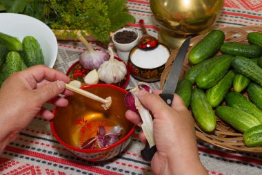 Salatalık turşu, turşu - eller yakın çekim, salatalık, otlar, 