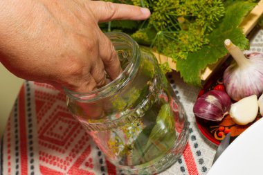 Salatalık turşu, turşu - eller yakın çekim, salatalık, otlar, 