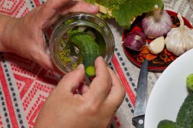 Salatalık turşu, turşu - eller yakın çekim, salatalık, otlar, 
