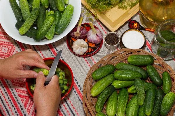 Pepinos em escabeche, conservação em escabeche - mãos close-up, pepino, ervas , — Fotografia de Stock