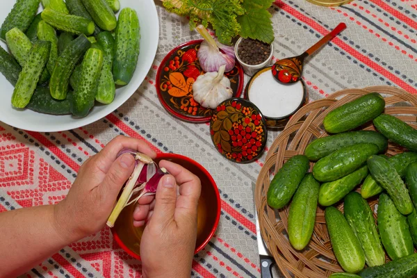 클로즈업, 오이, 허브 손 절 임-오이 절 임,, — 스톡 사진