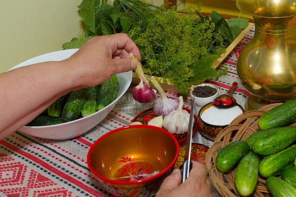 Pepinos en vinagre, decapado - manos de cerca, pepino, hierbas , — Foto de Stock