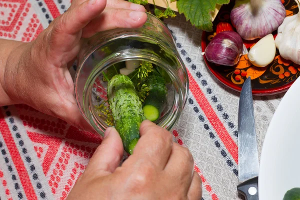 Concombres décapants, marinage - mains gros plan, concombre, herbes , — Photo