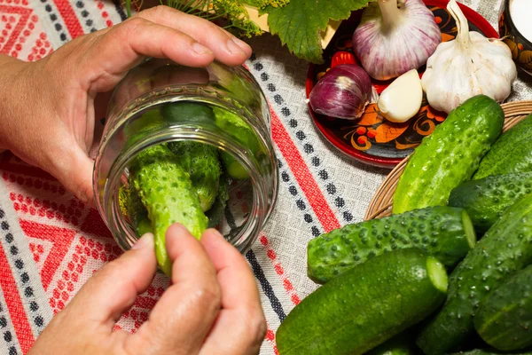 Beitsen komkommers, handen beitsen - close-up, komkommer, kruiden, — Stockfoto