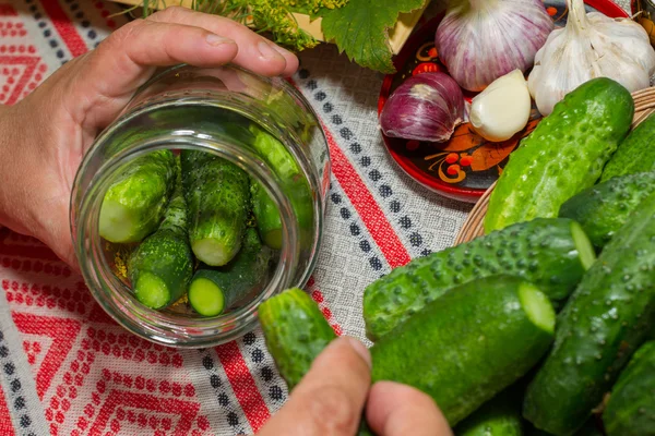 Beitsen komkommers, handen beitsen - close-up, komkommer, kruiden, — Stockfoto