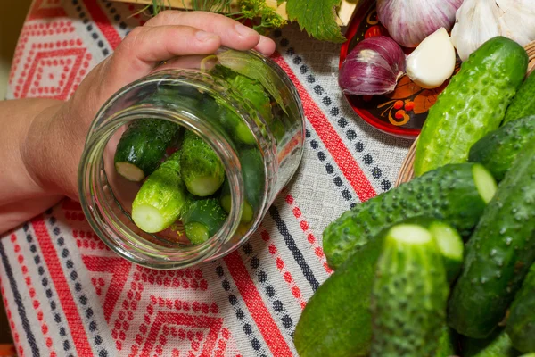 Gurken einlegen, einlegen - Hände hautnah, Gurken, Kräuter, — Stockfoto