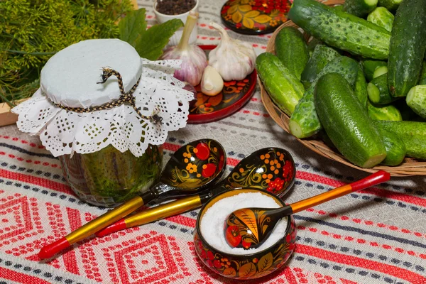 Pickling cucumbers, pickling - cucumbers, herbs, spices, salt, h — Stock Photo, Image