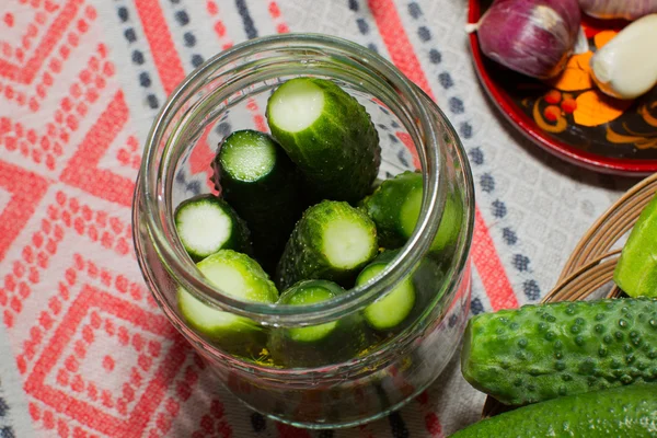 Pickling cucumbers, pickling - hands close-up, cucumber, herbs, — Stock Image Pickling cucumbers, pickling - hands close-up, cucumber, herbs, Royalty Free Stock Images