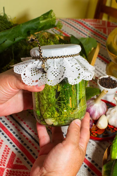 Pickling cucumbers, pickling - hands close-up, cucumber, herbs, — Stock Image Pickling cucumbers, pickling - hands close-up, cucumber, herbs, Royalty Free Stock Images