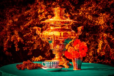 Russian gold samovar and cup of tea, cones, which stoked the sam clipart